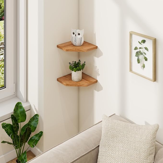 Fun Memories Corner Shelf Wall Mount, Solid Oak Wood Floating Corner Shelves with Cable Hole, 7in Rustic Design for Bedroom, Bathroom, Kitchen, Living Room (Natural, 1 Pack)