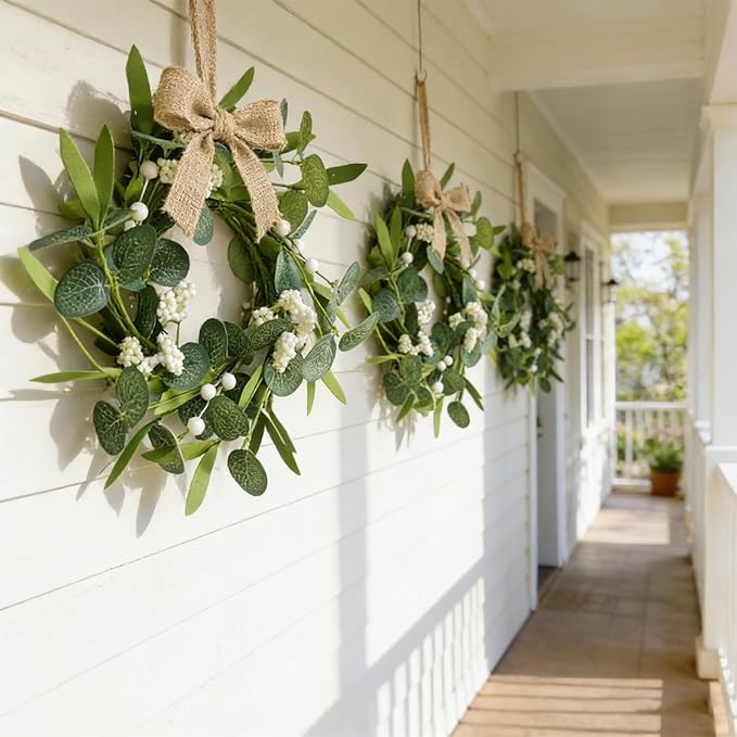 8 Pcs Small Eucalyptus Wreaths Spring Summer Artificial Green Wreath with White Berries Mini Green Kitchen Cabinet Wreaths with Ribbon for Front Door Porch Wall Window Farmhouse Decoration