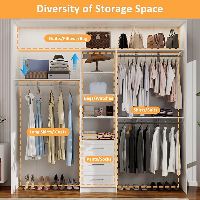 Closet System with Drawers, 5-8FT Closet Organizer Systems with Expandable Hanging Rods, 96" Closet Shelving Systems for Walk in Closets, Heavy Duty Wall Mount Closet Systems-White