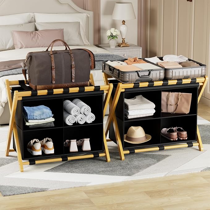 Folding Luggage Rack, 2-Pack Natural Bamboo Suitcase Stands with 4 Storage Compartments , Sturdy Luggage Holders for Guest Room, Bedroom, Hotel