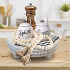 dwellington Farmhouse Beaded Wood Pedestal Tray Decor, 7.6” Round Vintage Display Stand, Decorative Accent Display Riser for Kitchen, Bathroom Small Items (White)