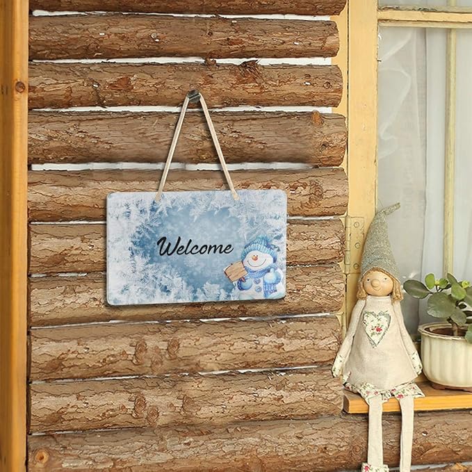 Blueangle Blue Snowman Welcome Sign - Front Door Decor Wall Hanging Acrylic Plaque Porch Decorations for Home