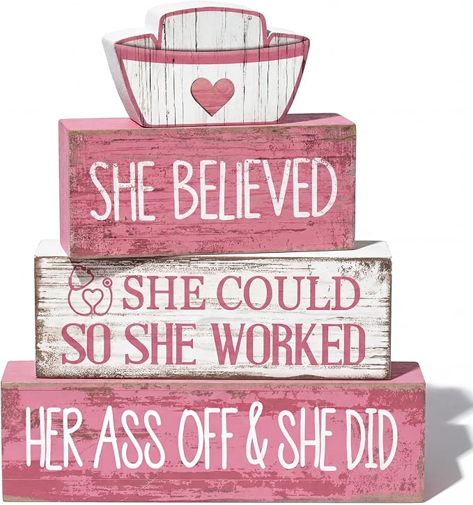 Lineshading 4 Pcs Nurse Appreciation Wooden Block Decor Inspirational "she Believed She Could" Stacked Sign with Nurse Hat Rustic Pink White Table Decoration for Nurses, Graduation Gift, Home & Office