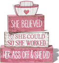 Lineshading 4 Pcs Nurse Appreciation Wooden Block Decor Inspirational "she Believed She Could" Stacked Sign with Nurse Hat Rustic Pink White Table Decoration for Nurses, Graduation Gift, Home & Office
