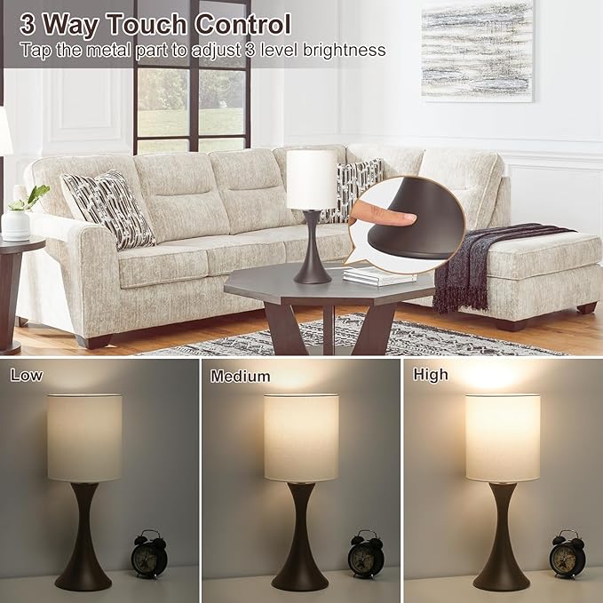 3 Way Touch Control Table Lamp, Modern Bedside Lamp Dimmable Nightstand Lamp with Beige Shade and Dark Brown Base, Small Desk Lamp for Living Room, Dorm, Home Office, 9W LED Bulb Included