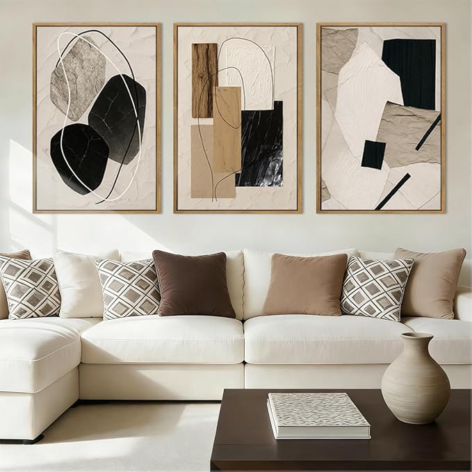 Large Abstract Paintings Framed Neutral Canvas Prints Mid Century Modern Wall Art Abstract Wall Decor Neutral Wall Pictures Elegant Modern Paintings for Living Room Bedroom Bathroom Office 36x24 Inch 3 Piece