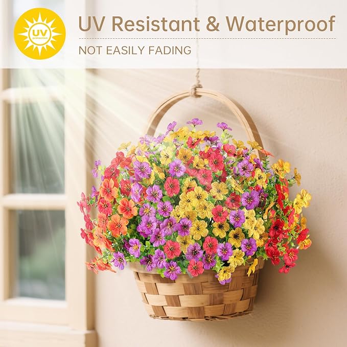 Artificial Faux Flowers Plants for Outdoors Outside Spring Summer Decoration,12 Bundles Silk Daisy Realistic Fake Flowers Plants Greenery UV Resistant for Planters Porch Patio Front Yard(4 Multicolor)