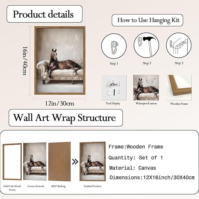 Framed Funny Horse Canvas Wall Art, Vintage Western Brown Horse On Sofa Pictures Wall Decor, Rustic Farmhouse Animal Paintings Prints for Living Room Bedroom Office Dorm 12x16 inch