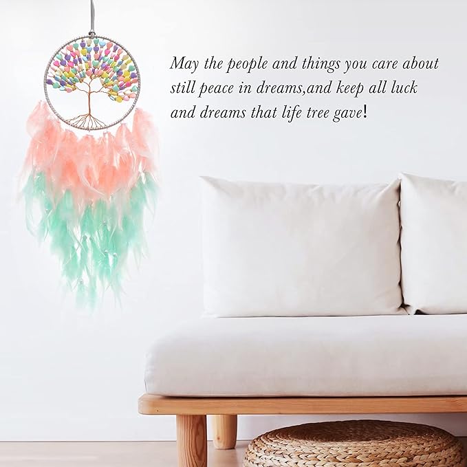 Pretty Jolly Macaroon Candy Tree of Life Dream Catcher Wall Decor with Healing Crystal Stone Handmade Feather Dream Catchers Decoration Wall Hanging Bedroom Living Room Wedding Party Home Decor-25.6"