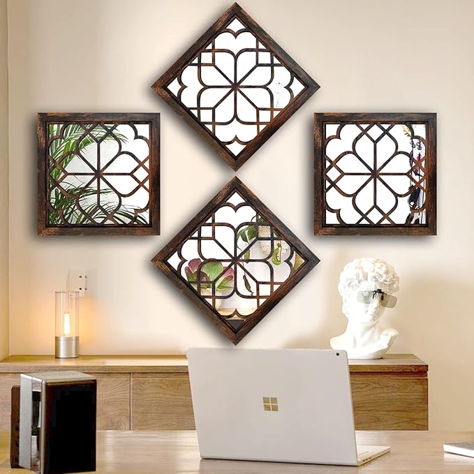 Wocred Set of 4 Mirrors Square Wall Mirror,Gorgeous Rustic Farmhouse Accent Mirror,Caramel Color Entry Mirror for Bathroom Renovation,Bedrooms,Living Rooms and More (12”x12”4pcs)