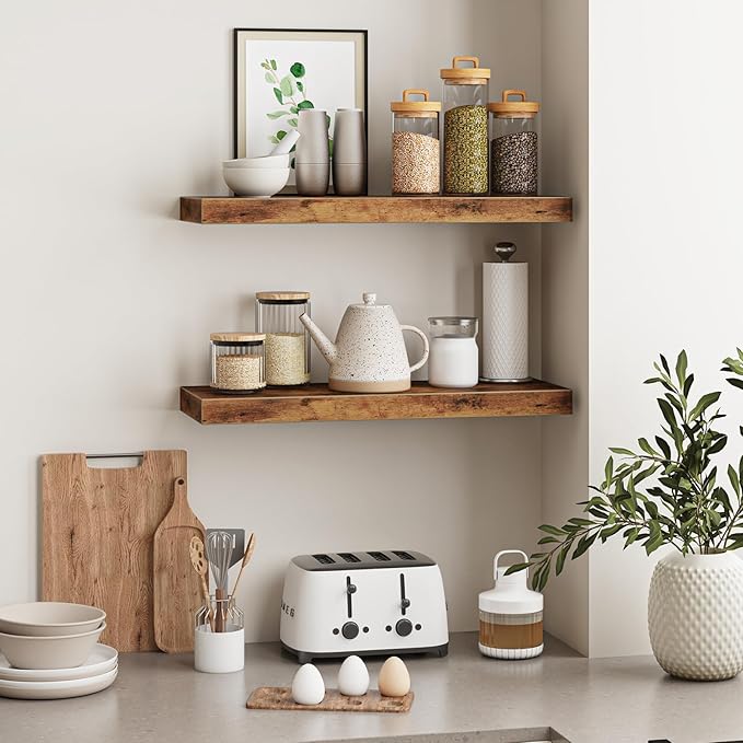 Fixwal Wood Floating Shelves for Wall, 22" Long Wall Mounted Shelves for Living Room, Bedroom, Bathroom and Kitchen, Wall Shelves for Storage, Books, Room Decor (Rustic Brown, Set of 2)