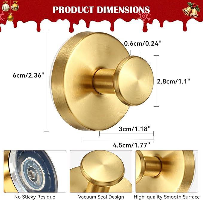 2 Pack Suction Cup Wreath Hangers for Front Door Garland Hanger 11 Lb -22 Lb Suction Wreath Hanger for Glass Door No Drill Suction Hooks for Bathroom Halloween Christmas Decorations (Gold)