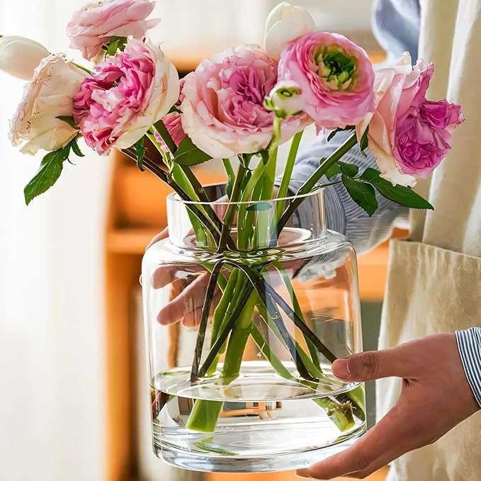 Clear Vases for Centerpieces, 7 Inch Large Glass Vase for Bouquet, Glasses Home Decor Modern Jarrones Decorativos for Wedding Living Room Dining Table Office