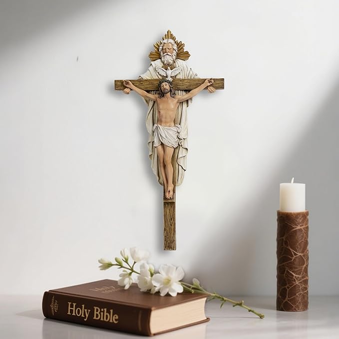 Grace4Joy Holy Trinity Wall Cross, 12.5 Inches Holy Trinity Crucifix Catholic Home Decor, Hand Painted Holy Spirit Jesus Cross for Wall Religious Housewarming Gifts