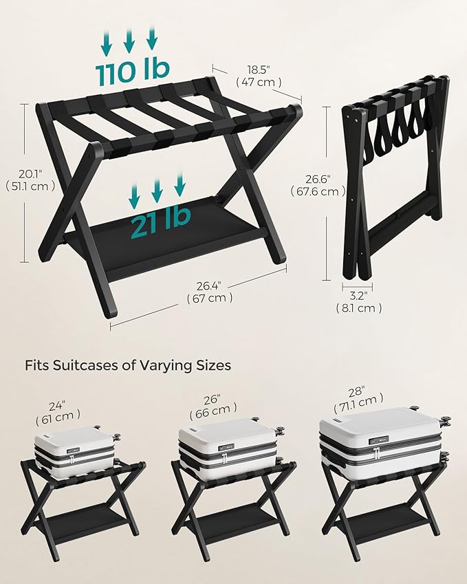 SONGMICS Bamboo Luggage Rack for Guest Room, Set of 2, Folding Suitcase Stand with Fabric Storage Shelf, for Hotel, Bedroom, Heavy-Duty, Holds up to 131 lb, Ink Black URLR007B02