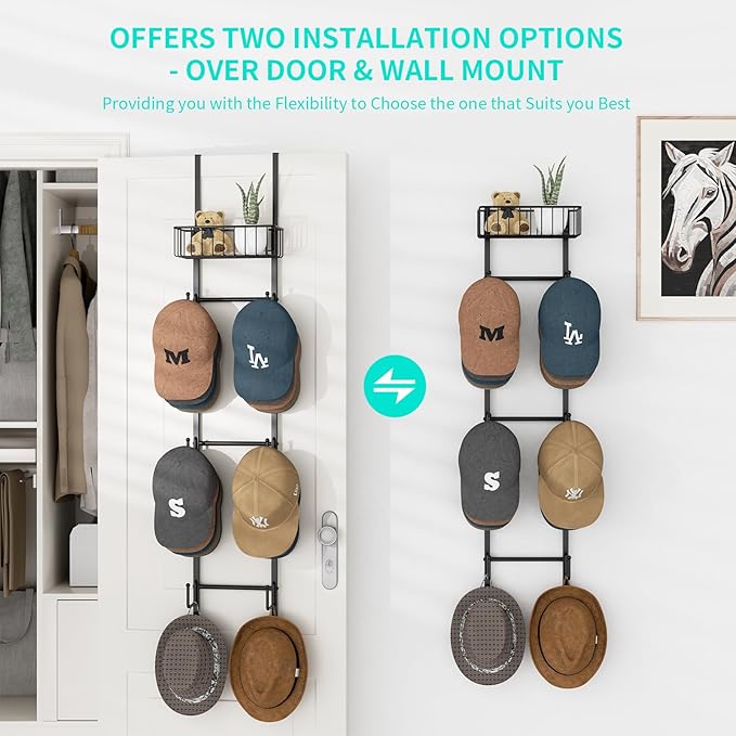 HapiRm Over Door Hat Rack - Wall Mounted Hat Organizer with 6 Hooks and Metal Basket Design, Baseball Cap Organizer Storage Holder Up to 32 Caps for Door, Bedroom, Closet (Black)