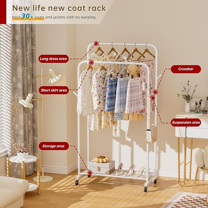 Clothes Garment Coat Rack Drying Clothing Racks Metal Freestanding for Hanging Clothes Portable Closet for Laundry Bedroom White