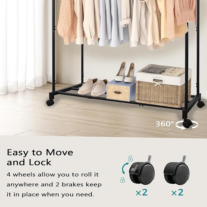 AT-VALY Double Rod Clothing Rack with wheels,Garment Rack for Hanging Clothes,Multi-functional Bedroom Clothes Rack (Black)