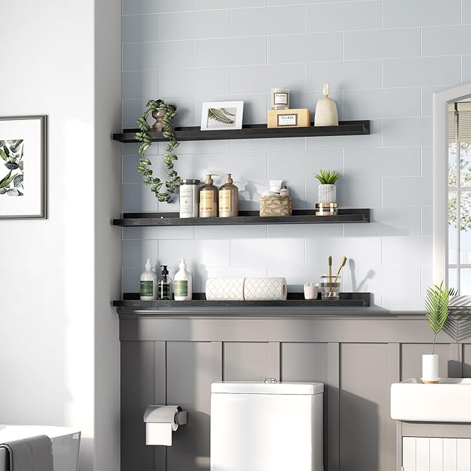 HOOBRO Floating Shelves, Wall Shelf Set of 3, 35.4 Inches Hanging Shelf with Raised Edge and Invisible Brackets, for Bathroom, Bedroom, Kitchen, Office, Living Room Decor, Black BK90BJ01