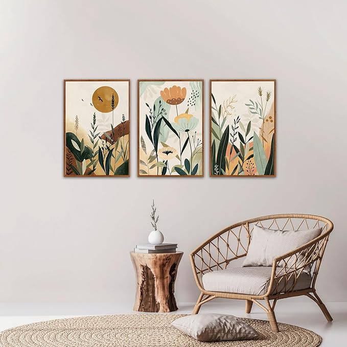 KAIRNE Neutral Floral Wall Art Set of 3,Framed Abstract Prints,Vintage Colorful Flower Canvas,Boho Botanical Artwork,Minimalist Farmhouse Decor for Living Room Bedroom Kitchen Office,16X24 inch