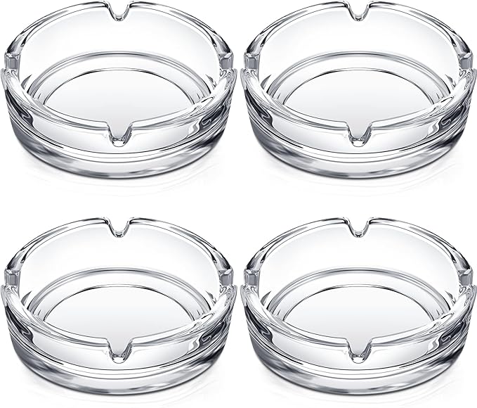 Timgle Glass Ashtray 4 Packs Round Crystal Ash Tray Clear Ashtrays for Home Portable Heavy Duty Decorative Office Patio Indoor Outdoor(Modern)