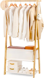Bamboo Clothes Rack with Storage Box and Storage Shelf, Portable Extra Large Garment Rack Clothing Rack, Foldable Wardrobe For Entryway and Bed Room (S - 31.5 Inch)