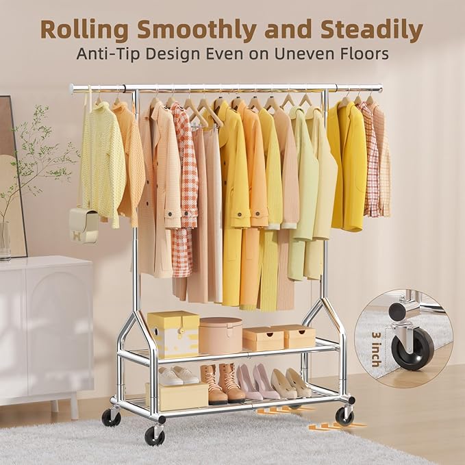 EAGMAK Heavy Duty Clothes Rack Load 556 LBS, Rolling Clothing Rack With Shelves, Height Adjustable Metal Clothes Hanger with Wheels Portable Wardrobe Organizer Garment Rod for Hanging Clothes (Silver)