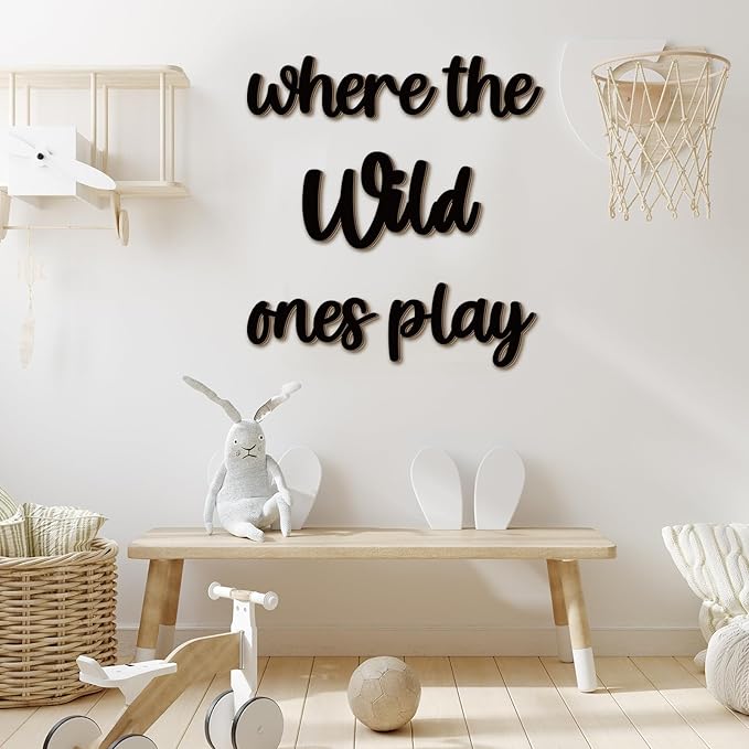 Kigley 5 Pcs Playroom Wall Decor 15.4" x 18" 3D Where The Wild Ones Play Nursery Sign Wooden Wall Art Decoration for Kids Toddler Room Decor Boys and Girls Kindergarten Bedroom Word Sign (Black)
