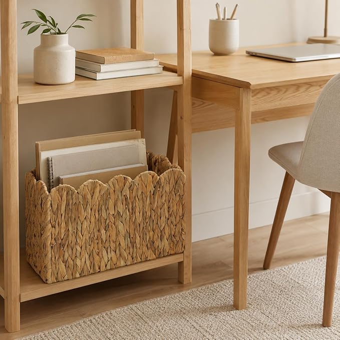 Water Hyacinth Magazine Holder for Floor, Tall Narrow Wicker Magazine Basket with Scalloped Edge – Handwoven Magazine Rack, Book Basket & File Holder for Living Room, Office & Bedroom