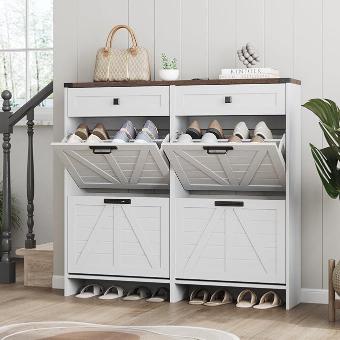 Shoe Cabinet with 4 Flip Drawers & 2 Drawers,Farmhouse Shoe Storage Cabinet for Entryway,Slim Freestanding Organizer Rack for Front Door Entrance,White
