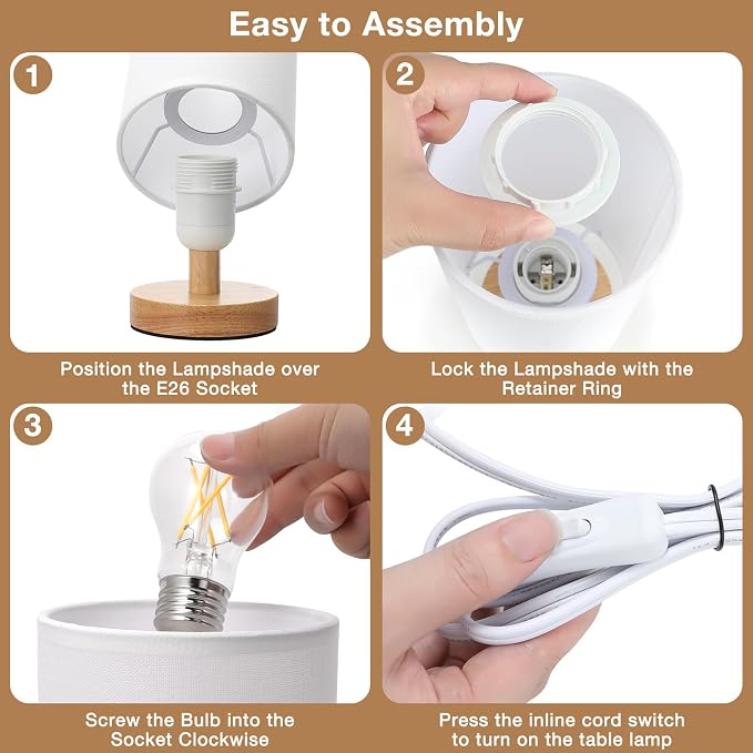 Fenmzee Small Table Lamp for Bedroom - Inline Control, Bedside Lamp with 3000K A15 LED Blub, Easy Assembly (White Shade - Wood Base, 9" Inline Control)