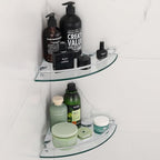2 Ties Glass Corner Shelf with SUS 304 Stainless Steel Rail Chrome Finished, Esquinero para baños, Rustproof Tempered Glass Shelf, Shower Caddy Organizer 9.8" x 9.8"