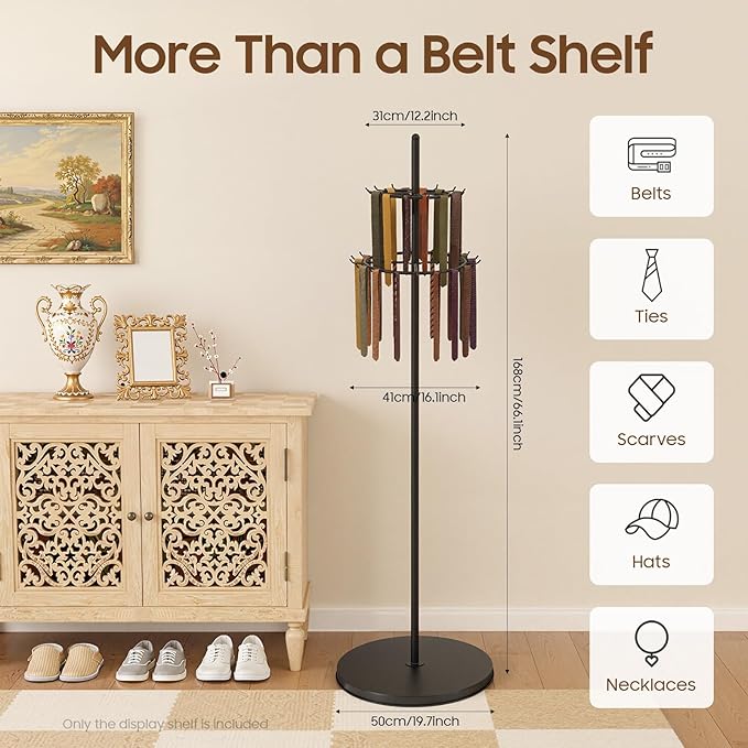 Floor Standing Belt Display, Tie Rack Floor Mounted Belt Hanger Belt Display Shelf Purse Hanger Stand Scarf Stand Adjustable Feet for Home, Boutiques, Clothing Stores, Retail Stores (Black)
