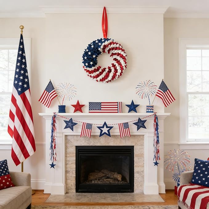 18 Inch Patriotic Red White Blue Wreath for Front Door, 4th of July Soft Touch Flower Wreath for Indoor Outdoor, Independence Day Memorial Day American Flag Wreaths