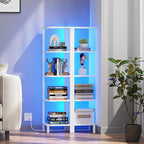 TUTOTAK Corner Shelf with LED Light, 5-Tier Corner Bookshelf for Small Space, Narrow Display Corner Shelf Stand with Storage Rack, for Living Room, Bedroom, White BS08BW005L