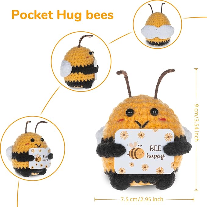WenmthG Funny Positive Crochet Honeybee - Emotional Support Animals Gifts, Funny Handmade Crochet Doll, Inspirational Gifts for Women Men Friends Coworkers