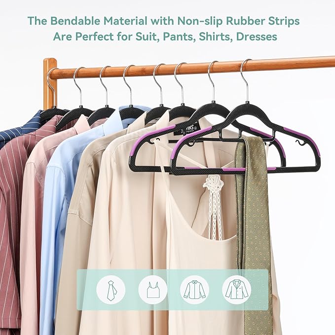Pack of 30 Coat Hangers, Space-Saving Plastic Clothes Hangers, Non-Slip, 0.2 Inches Slim, 360° Swivel Silver Hook for Shirts, Pants, Suit & Wet/Dry Garments, Purple and Black