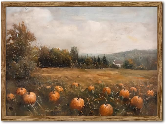 Framed Vintage Pumpkin Wall Art, Farmhouse Pumpkin Field Pictures Wall Decor, Rustic Harvest Landscape Paintings Canvas Prints Country Fall Home Decor for Living Room Kitchen 12×16 inch