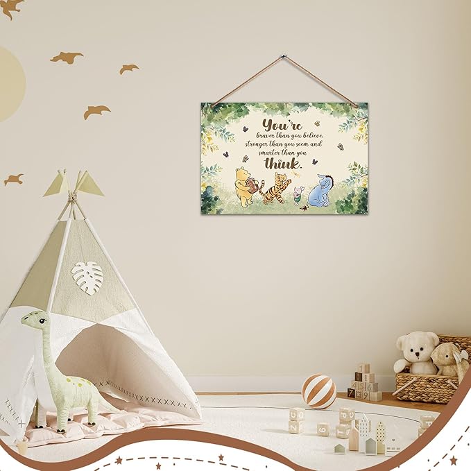 Hatzelou 1PCS Winnie Quotes Baby Shower Sign, the Pooh Wall Hanging Sign, You're Braver Than You Believe Wall Gifts, Perfect for Nursery Home Bedroom, Baby Shower Party Supplies