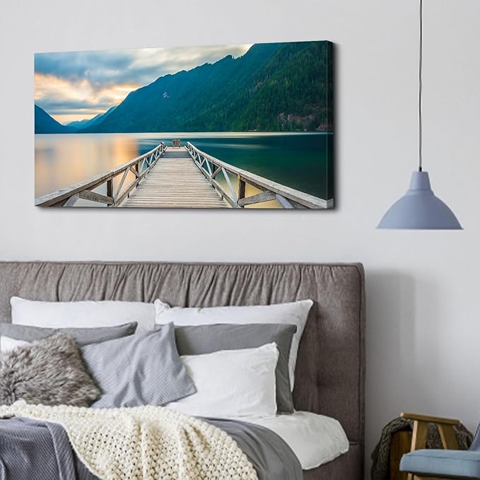 Olympic Mountain Canvas Wall Art Living Room Decor Crescent Lake Landscape Pictures Sunset National Park Posters Nature Wood Dock Scenery Painting Artwork for Bedroom Office Home Decoration 20x40"