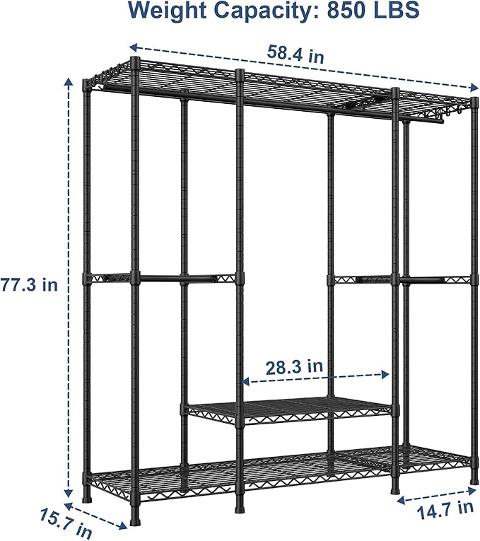 Ulif E3 Heavy Duty Garment Rack, 4 Tiers Freestanding Closet Organizer System with 5 Shelves, Metal Closet Organizer and Storage System for Clothes, Max Load 850lbs, 58.4"W x 15.7"D x 77.3"H, Black