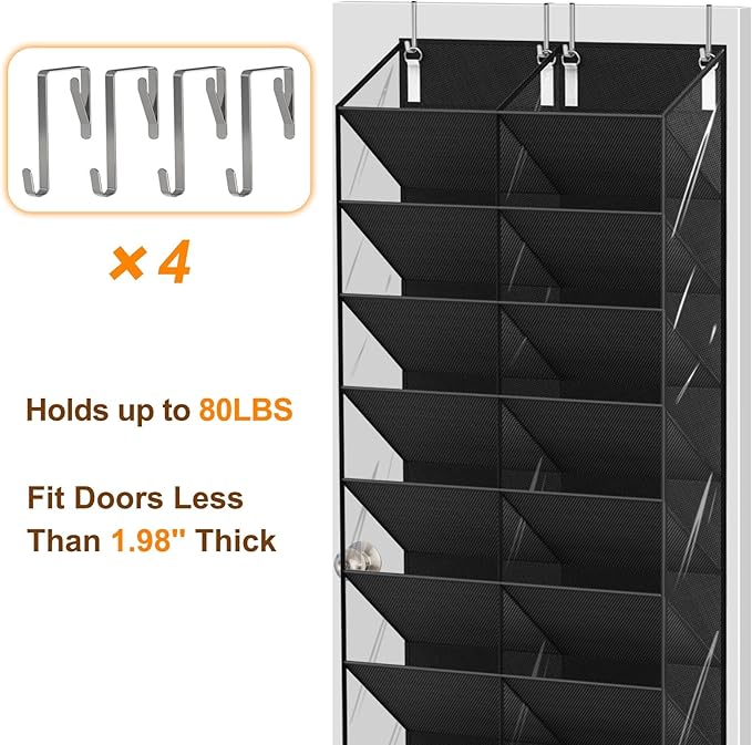 20-30 Pairs Over the Door Shoe Organizer, Clear Pockets Hanging Shoe Storage for Closet, 10-Tier Door Shoes Rack, Handing Shoes Holder Fit All the Family's Sneakers, Boots, Heels, Black