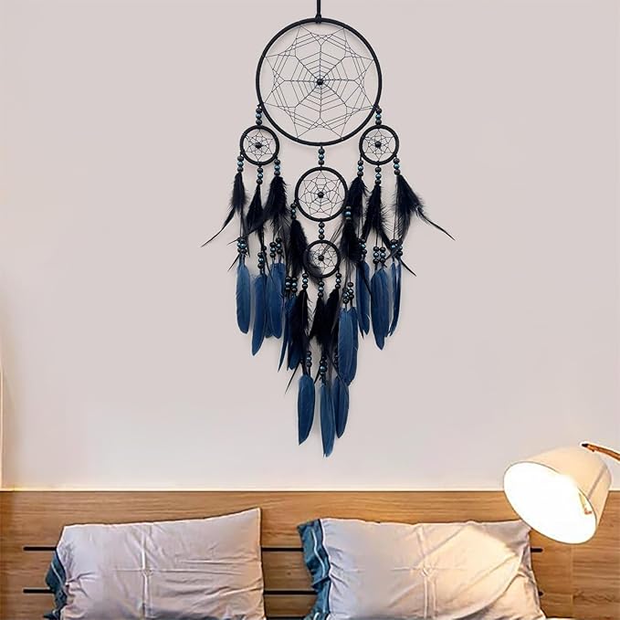 Blue and Black Dream Catcher Large Dream Catchers Wall Decor Handmade Feather Dreamcatcher Wall Hanging Ornament for Bedroom Living Room Home Decor