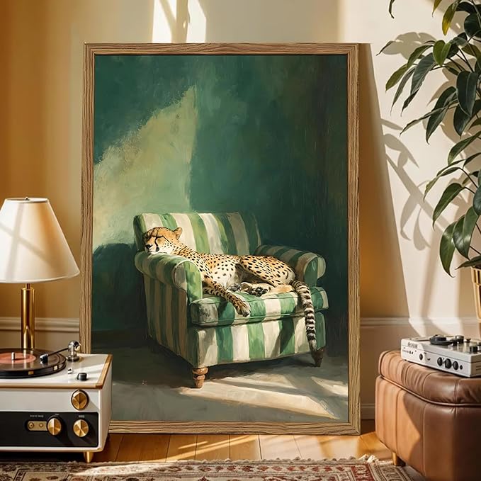 Framed Funny Leopard Canvas Wall Art, Vintage Sleeping Cheetah on Sofa Pictures Wall Decor, Eclectic Animal Paintings Canvas Prints Whimsical Home Decor for Living Room Bedroom 16x24 inch