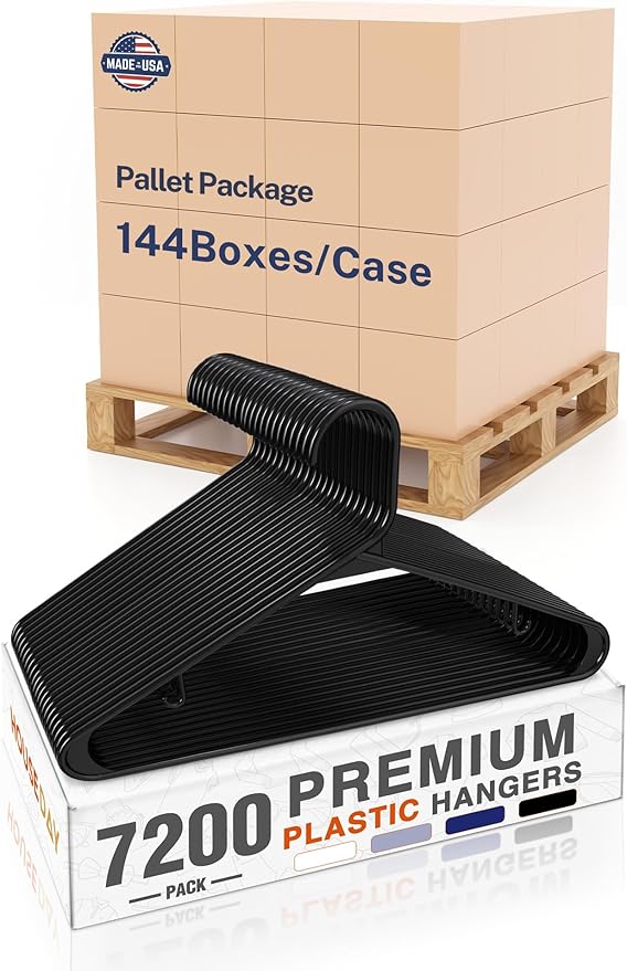 HOUSE DAY Made in USA 7200 Pack 16 Inch Plastic Hangers Bulk, Pallet Package for Business, Commercial Hangers for Retail Store, Hotel, Laundry - Smooth & Non-Slip Design, 6 lb Weight Capacity (Black)
