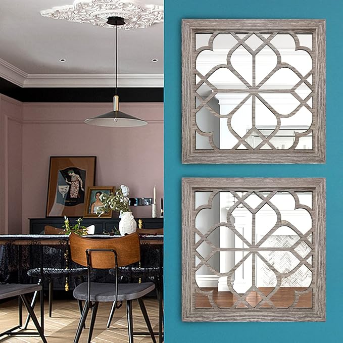 Wocred Set of 2 Farmhouse Square True Mirrors,Vintage Style Barn Wood Wall Decor, Accent Mirrors for Bathroom Renovation,Bedrooms,Living Rooms (12”x12”)