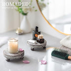 Romadedi Farmhouse Wood Riser for Display - Set of 2 Rustic Decor Mini Wooden Pedestal Stand Decorative Round Tray for Home Table Bathroom Counter Shelf Kitchen, Whitewashed