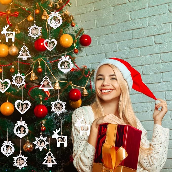 IDATOO Christmas Tree Ornaments Set of 24 Wooden Craved Hanging Craft Decorations for Winter Wonderland, 3D Rustic Farmhouse Christmas Ornaments Holiday Decor for Christmas Tree Home Office (White)