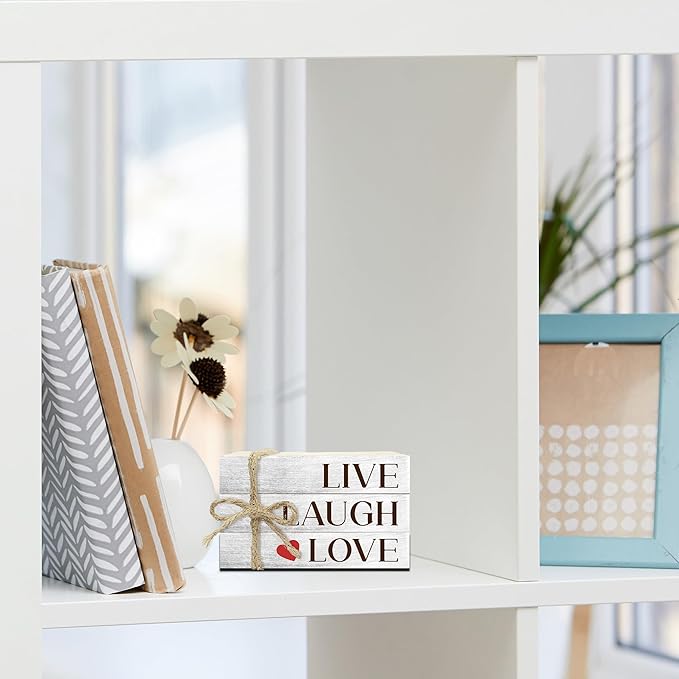 Decorative Books for Home Decor, Wood Book Stack for Table Decor, Live Laugh Love Decor Books for Living Room Bookshelf Office Coffee Bar, Farmhouse Stacked Books Decor (L26)