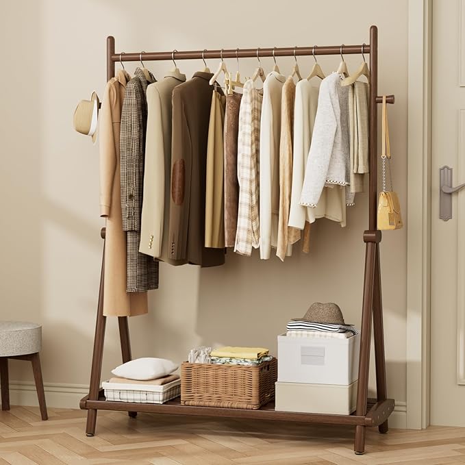 Solid Wood Clothes Rack,Freestanding Garment Rack & Coat Tree,Extra-Long 39.38" Hanging Rod, Double Storage Shelves for Bedroom, Entryway, Hallway